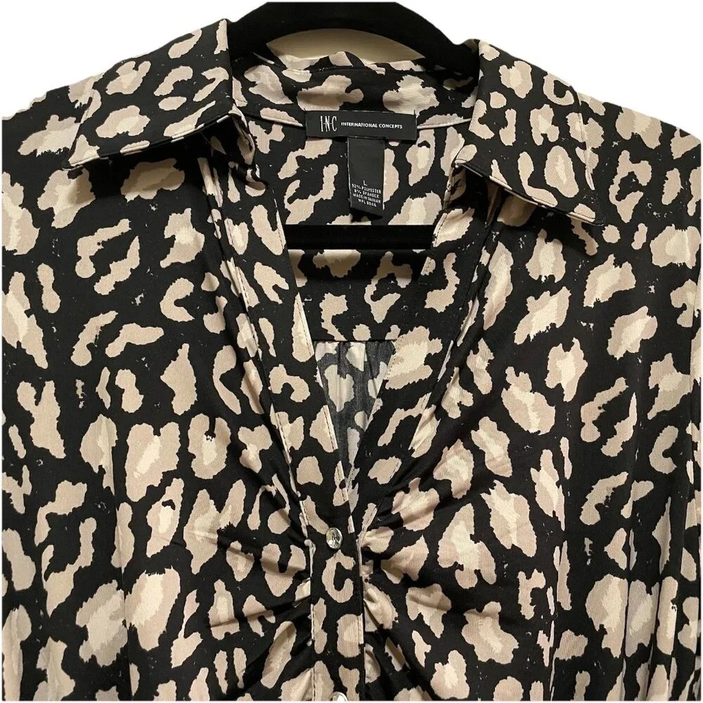 INC INTERNATIONAL CONCEPTS Black Leopard Chain Belt Roll-Tab Sleeve Dress Sz L - Picture 3 of 9